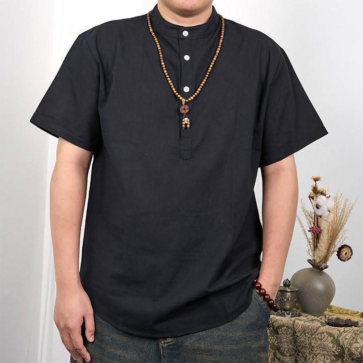 Camicia in cotone e lino con mezza abbottonatura e maniche corte tinta unita da uomo Buddha Stones - Nero - US/UK/AU44, EU54 (3XL) - image 3