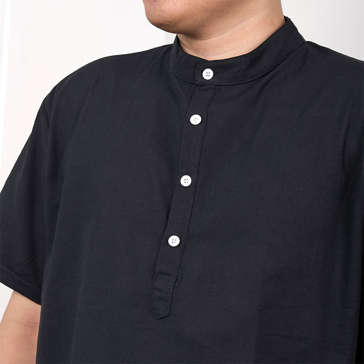 Camicia in cotone e lino con mezza abbottonatura e maniche corte tinta unita da uomo Buddha Stones