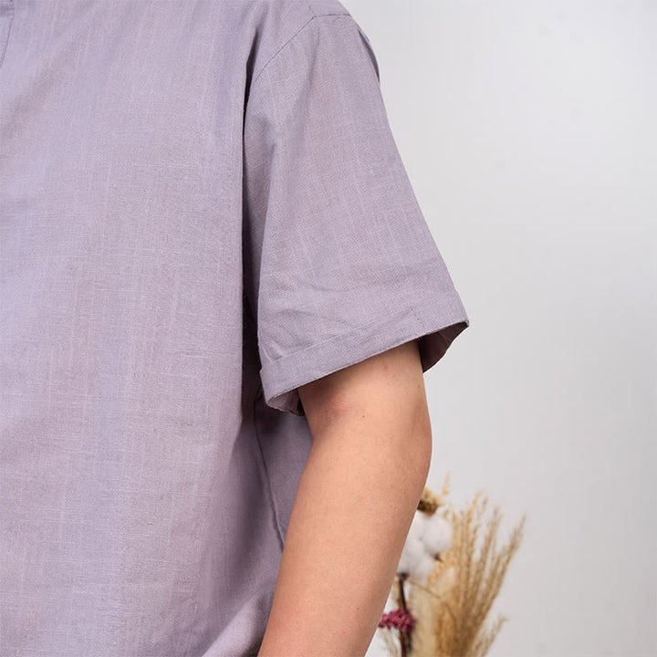 Camicia in cotone e lino con mezza abbottonatura e maniche corte tinta unita da uomo Buddha Stones
