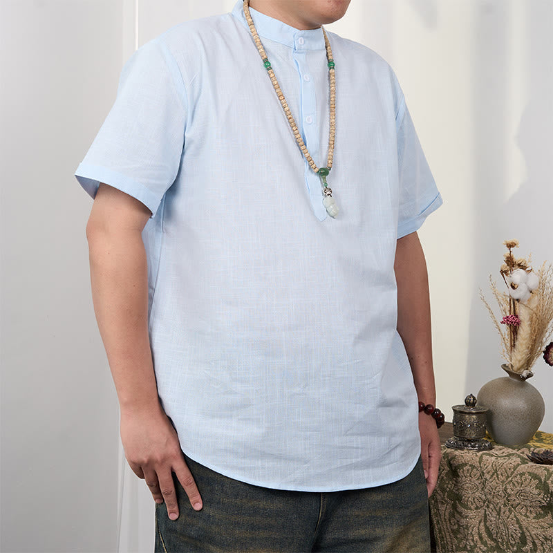 Camicia in cotone e lino con mezza abbottonatura e maniche corte tinta unita da uomo Buddha Stones