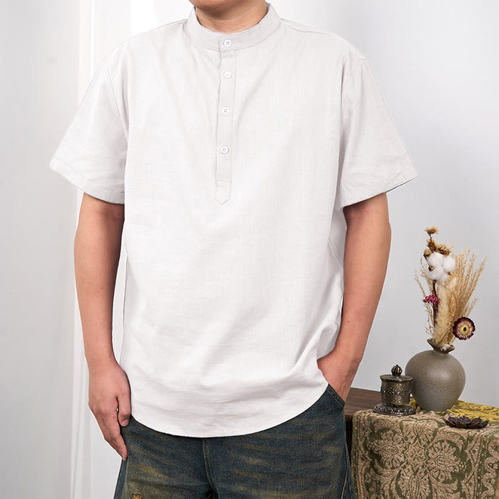 Camicia in cotone e lino con mezza abbottonatura e maniche corte tinta unita da uomo Buddha Stones