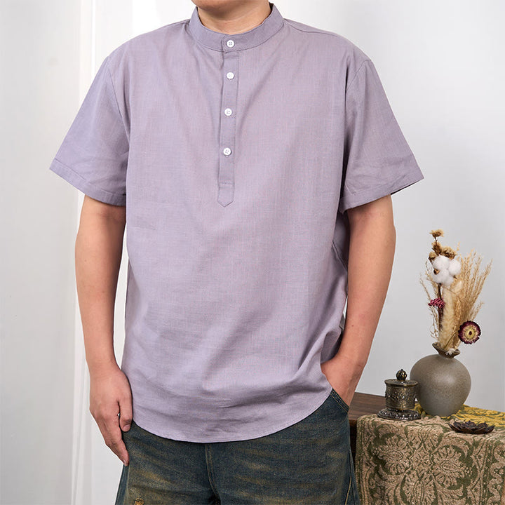Camicia in cotone e lino con mezza abbottonatura e maniche corte tinta unita da uomo Buddha Stones