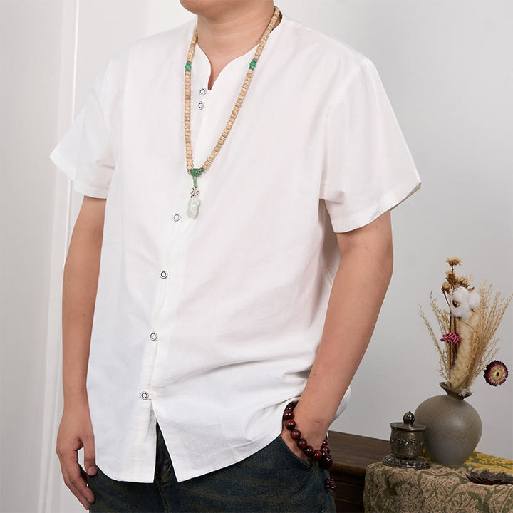 Camicia da uomo in cotone e lino con bottoni a maniche corte Buddha Stones