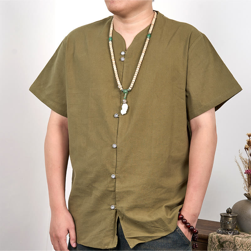 Camicia da uomo in cotone e lino con bottoni a maniche corte Buddha Stones