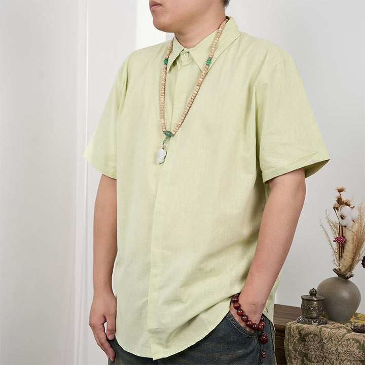 Camicia casual in cotone e lino con bottoni a maniche corte da uomo Buddha Stones