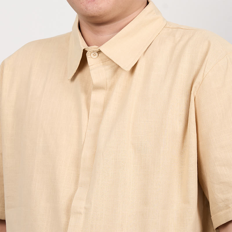 Camicia casual in cotone e lino con bottoni a maniche corte da uomo Buddha Stones - image 8