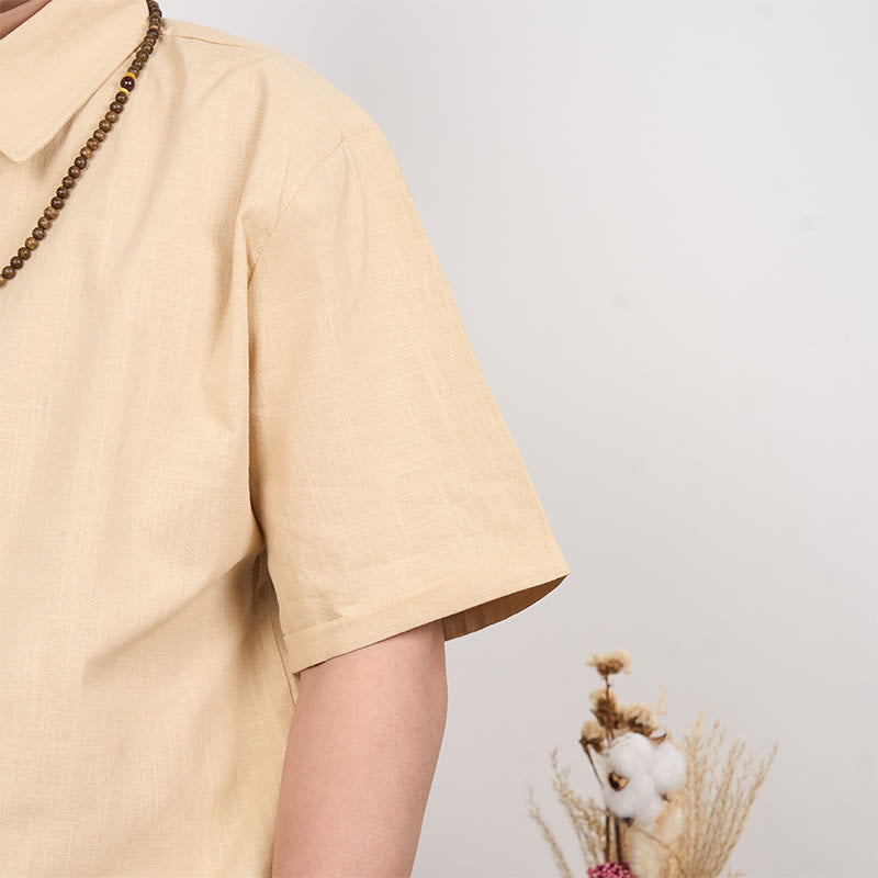 Camicia casual in cotone e lino con bottoni a maniche corte da uomo Buddha Stones - image 9