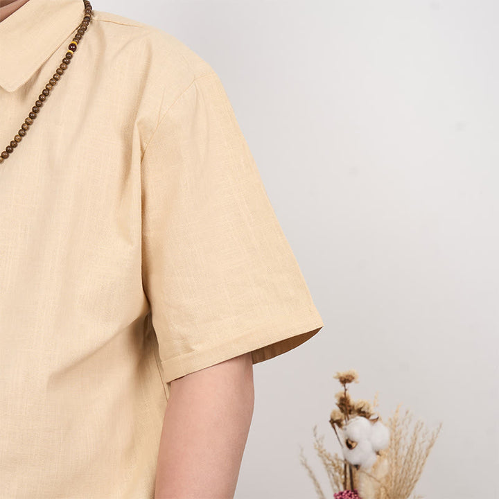 Camicia casual in cotone e lino con bottoni a maniche corte da uomo Buddha Stones