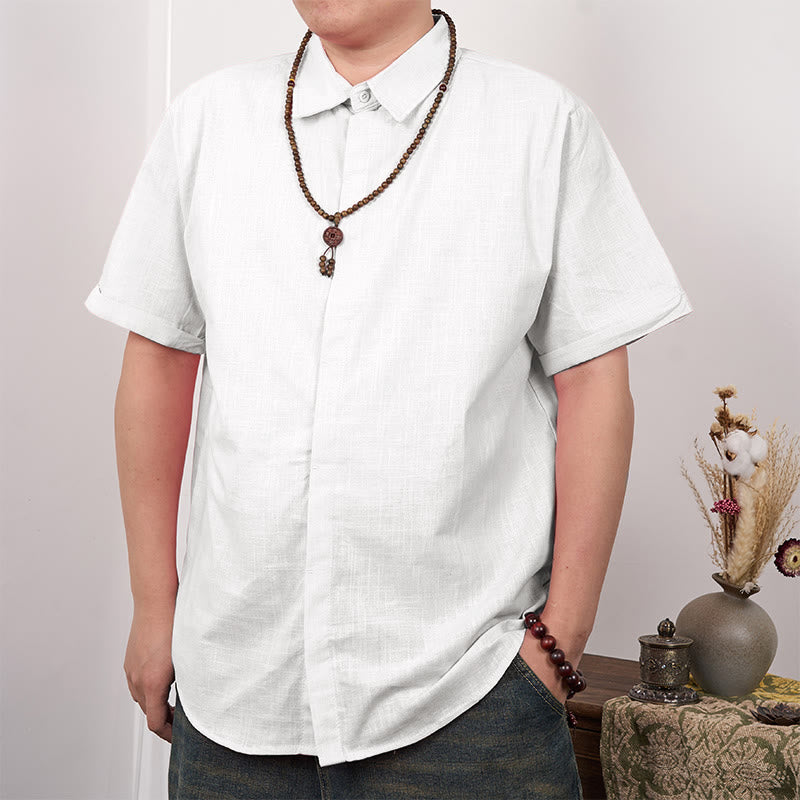 Camicia casual in cotone e lino con bottoni a maniche corte da uomo Buddha Stones - Bianco - US/UK/AU44, EU54 (3XL) - image 1