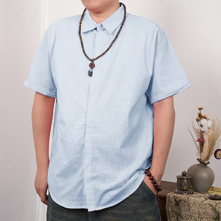 Camicia casual in cotone e lino con bottoni a maniche corte da uomo Buddha Stones