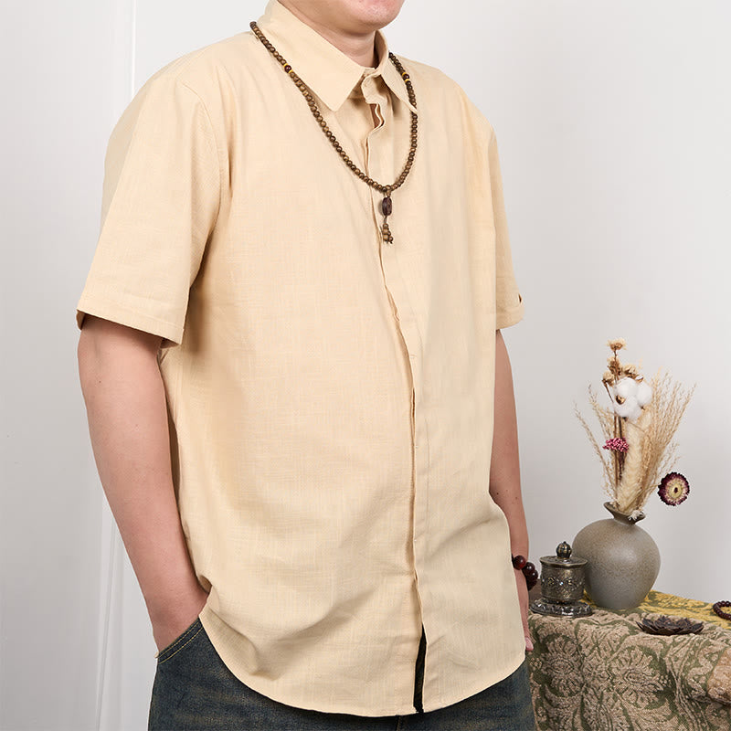 Camicia casual in cotone e lino con bottoni a maniche corte da uomo Buddha Stones