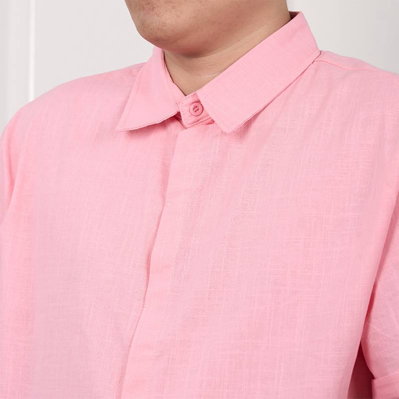 Camicia casual in cotone e lino con bottoni a maniche corte da uomo Buddha Stones - image 11