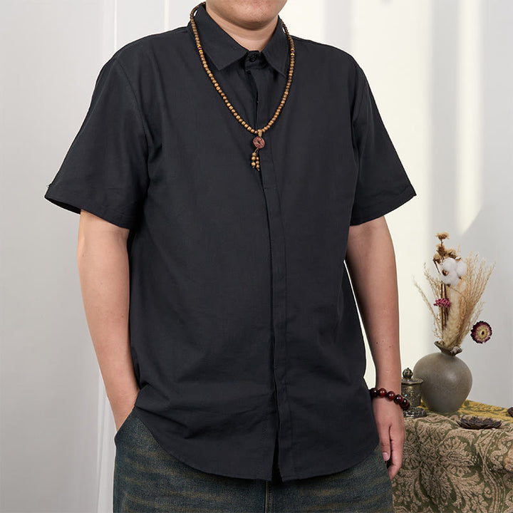 Camicia casual in cotone e lino con bottoni a maniche corte da uomo Buddha Stones - Nero - US/UK/AU44, EU54 (3XL) - image 2