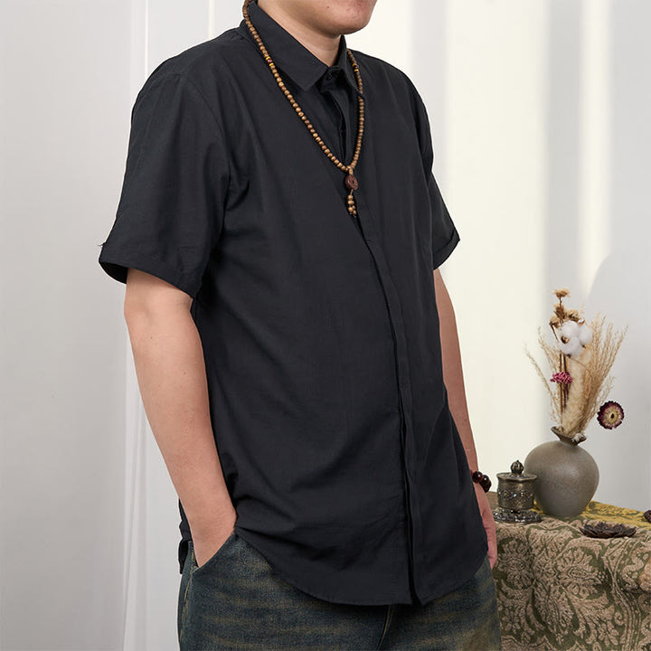 Camicia casual in cotone e lino con bottoni a maniche corte da uomo Buddha Stones