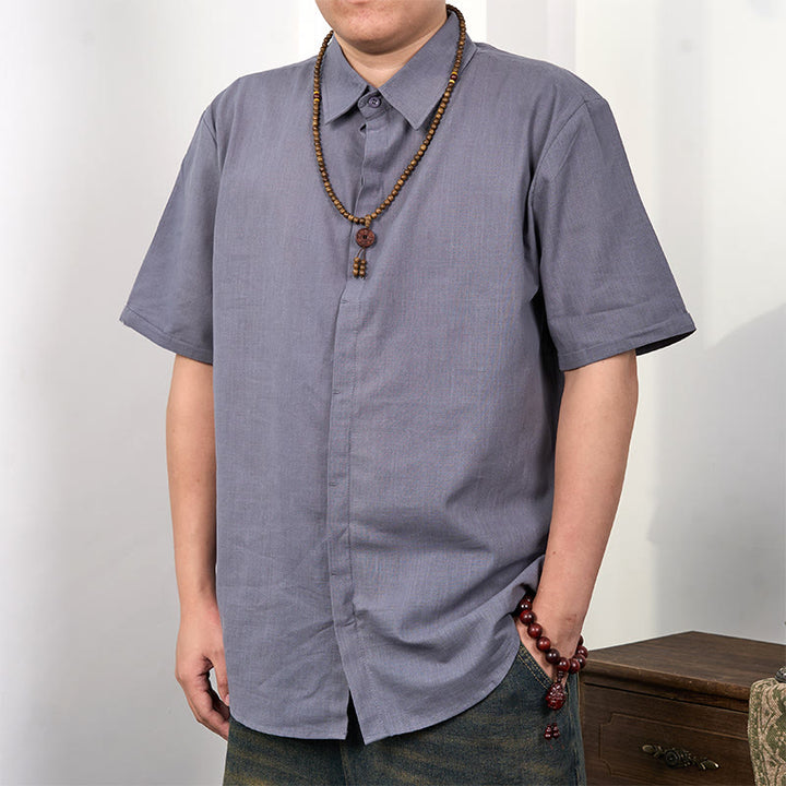 Camicia casual in cotone e lino con bottoni a maniche corte da uomo Buddha Stones