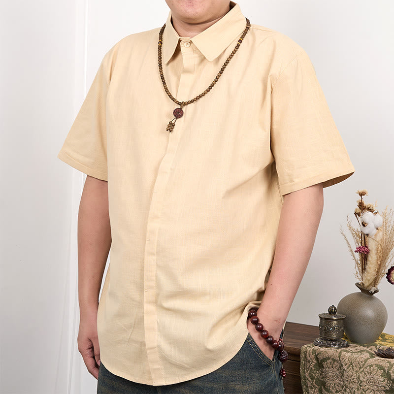 Camicia casual in cotone e lino con bottoni a maniche corte da uomo Buddha Stones