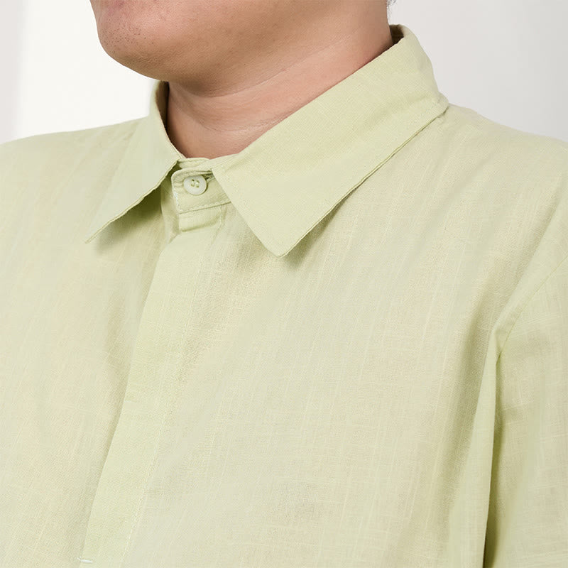 Camicia casual in cotone e lino con bottoni a maniche corte da uomo Buddha Stones