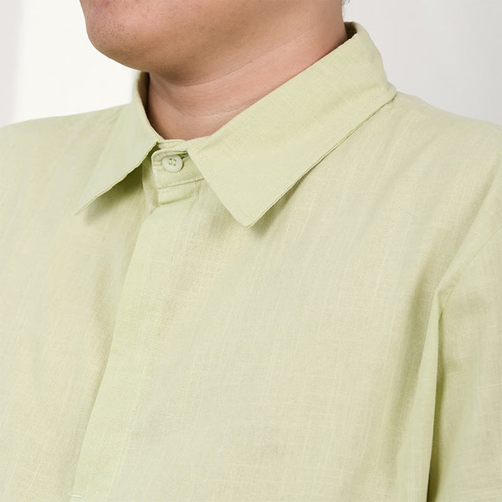 Camicia casual in cotone e lino con bottoni a maniche corte da uomo Buddha Stones