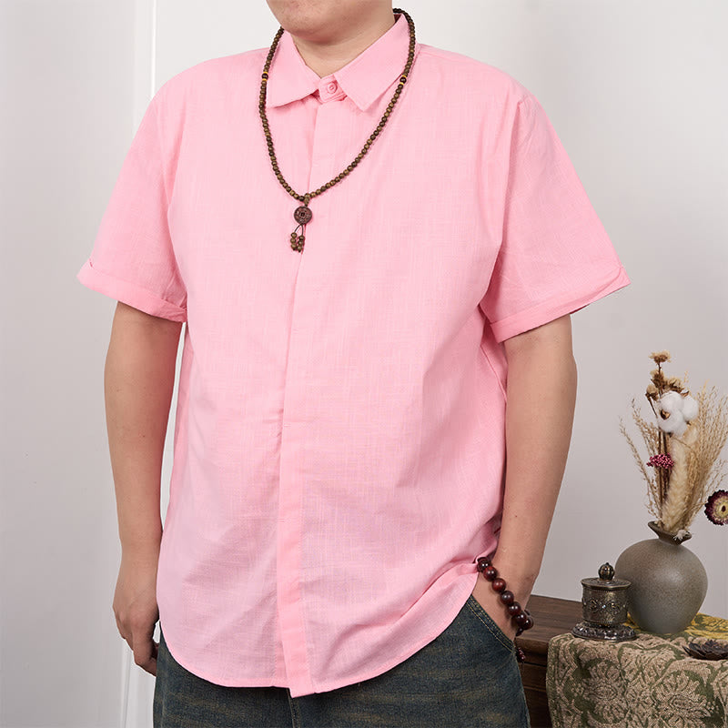 Camicia casual in cotone e lino con bottoni a maniche corte da uomo Buddha Stones