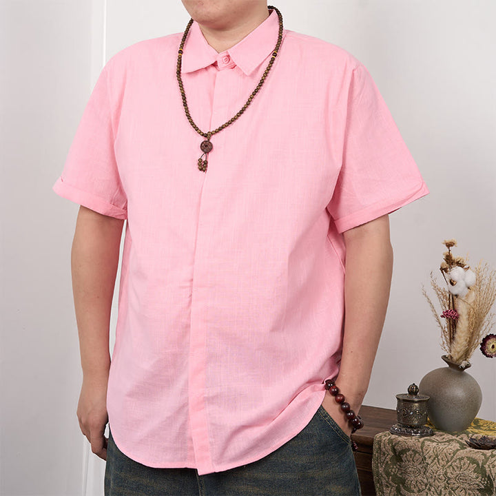 Camicia casual in cotone e lino con bottoni a maniche corte da uomo Buddha Stones - Rosa - US/UK/AU44, EU54 (3XL) - image 10