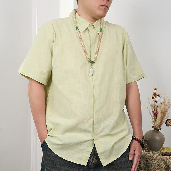 Camicia casual in cotone e lino con bottoni a maniche corte da uomo Buddha Stones