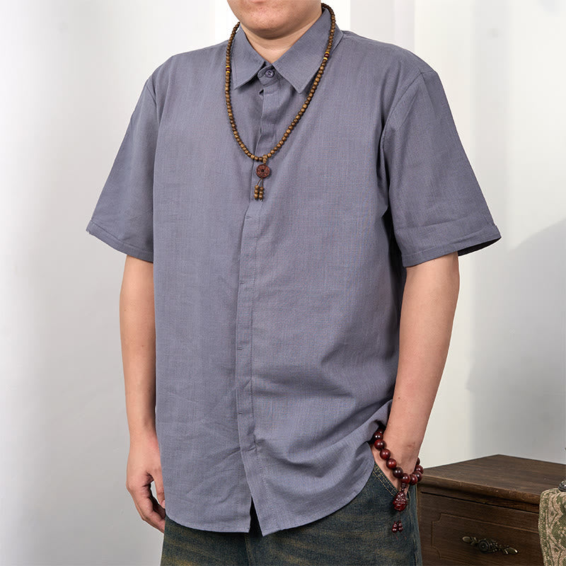 Camicia casual in cotone e lino con bottoni a maniche corte da uomo Buddha Stones - Grigio scuro - US/UK/AU44, EU54 (3XL) - image 0