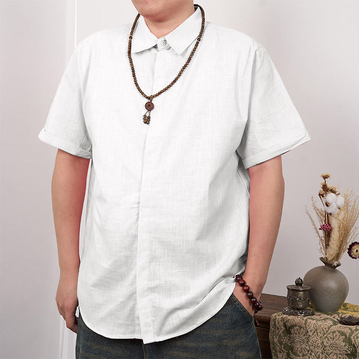 Camicia casual in cotone e lino con bottoni a maniche corte da uomo Buddha Stones