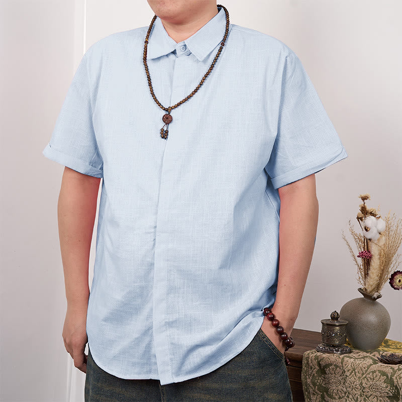 Camicia casual in cotone e lino con bottoni a maniche corte da uomo Buddha Stones - AzzurroCielo Chiaro - US/UK/AU44, EU54 (3XL) - image 15