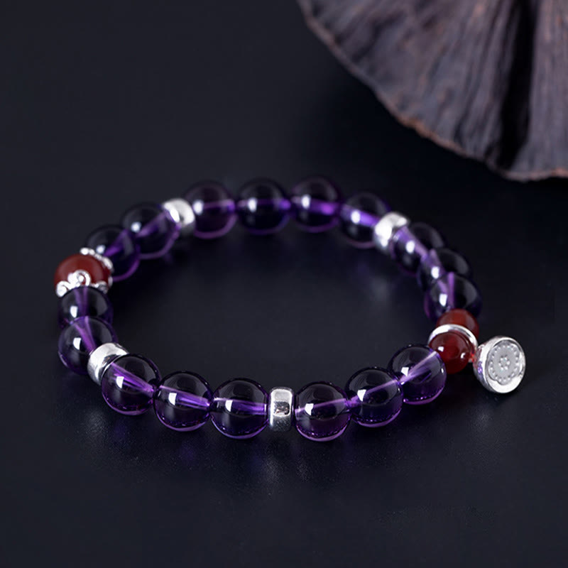 Bracciale Buddha Stones in argento sterling 925 con ametista naturale, agata rossa e loto positivo