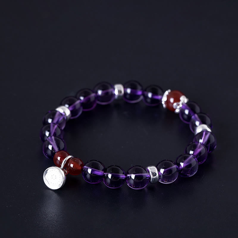 Bracciale Buddha Stones in argento sterling 925 con ametista naturale, agata rossa e loto positivo