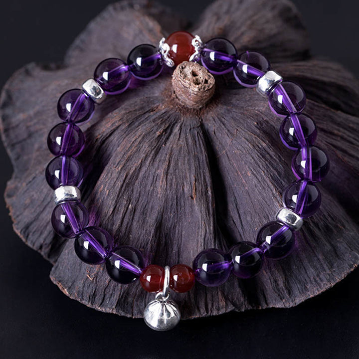 Bracciale Buddha Stones in argento sterling 925 con ametista naturale, agata rossa e loto positivo