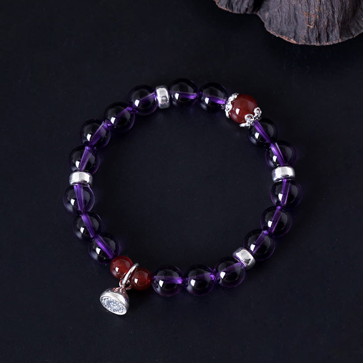 Bracciale Buddha Stones in argento sterling 925 con ametista naturale, agata rossa e loto positivo