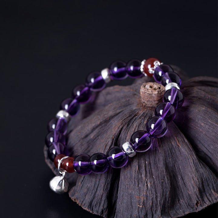 Bracciale Buddha Stones in argento sterling 925 con ametista naturale, agata rossa e loto positivo