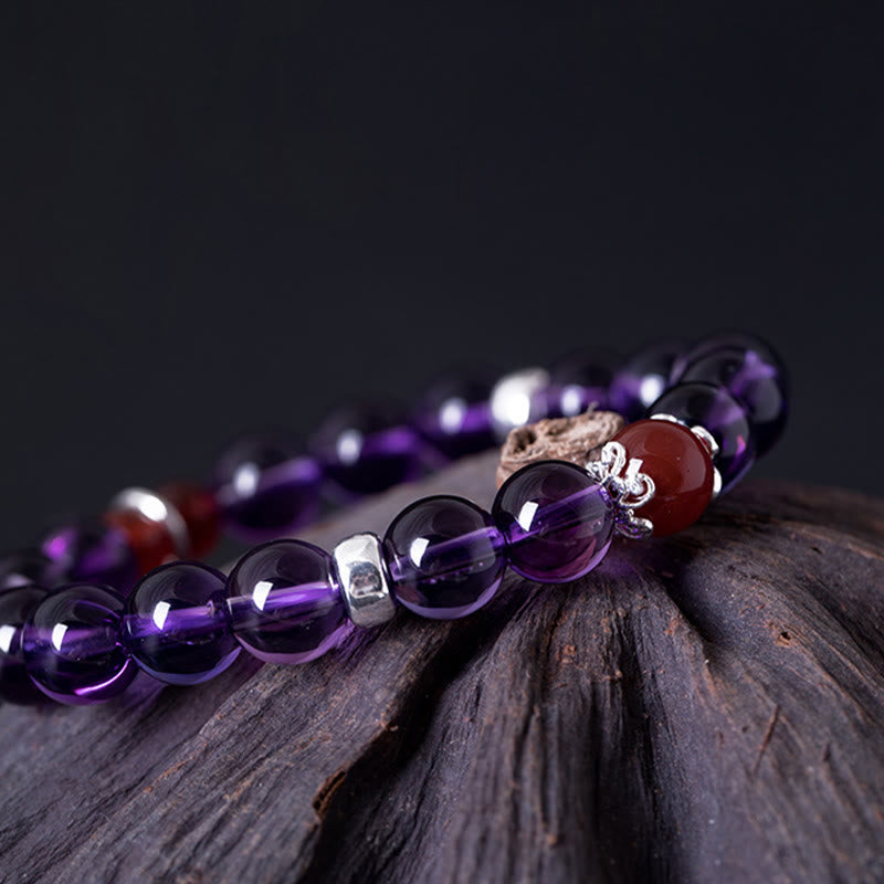 Bracciale Buddha Stones in argento sterling 925 con ametista naturale, agata rossa e loto positivo