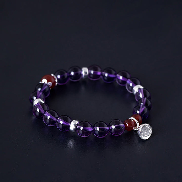 Bracciale Buddha Stones in argento sterling 925 con ametista naturale, agata rossa e loto positivo