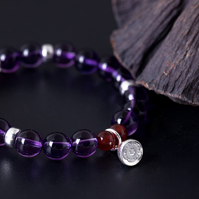Bracciale Buddha Stones in argento sterling 925 con ametista naturale, agata rossa e loto positivo