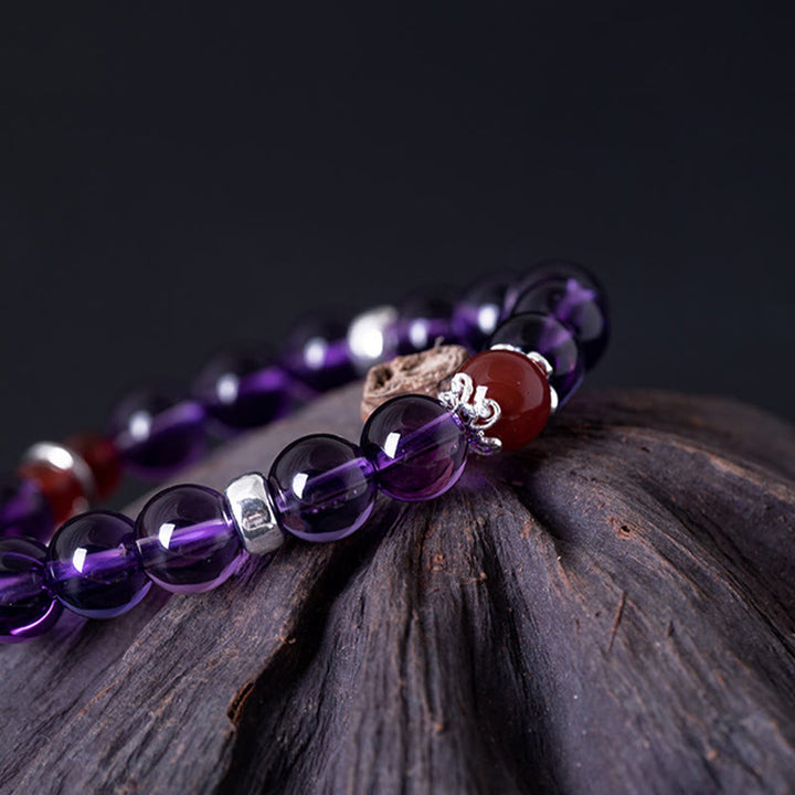 Bracciale Buddha Stones in argento sterling 925 con ametista naturale, agata rossa e loto positivo