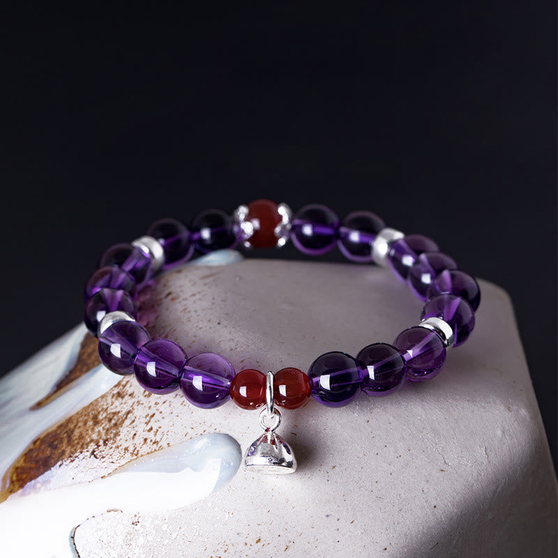 Bracciale Buddha Stones in argento sterling 925 con ametista naturale, agata rossa e loto positivo