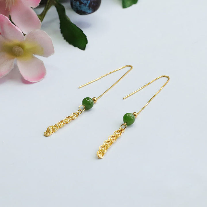 Orecchini pendenti con perline di giada ciano naturale Hetian in argento sterling 925 Buddha Stones