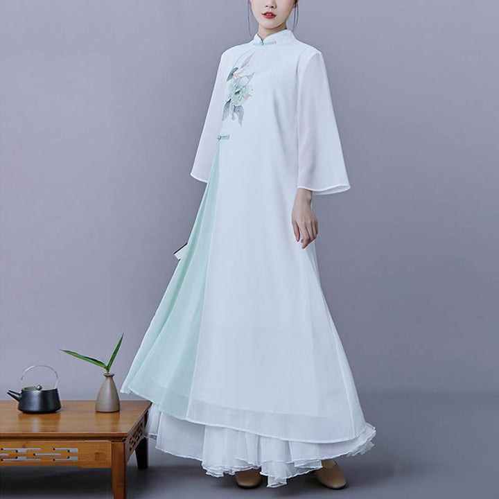 Buddha Stones 2 pezzi fiore manica tre quarti midi abito gonna chiffon Zen abbigliamento donna set