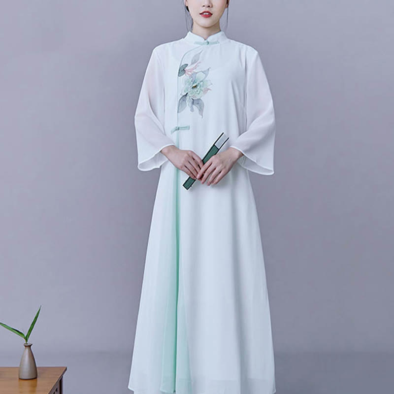 Buddha Stones 2 pezzi fiore manica tre quarti midi abito gonna chiffon Zen abbigliamento donna set