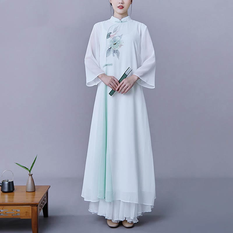 Buddha Stones 2 pezzi fiore manica tre quarti midi abito gonna chiffon Zen abbigliamento donna set