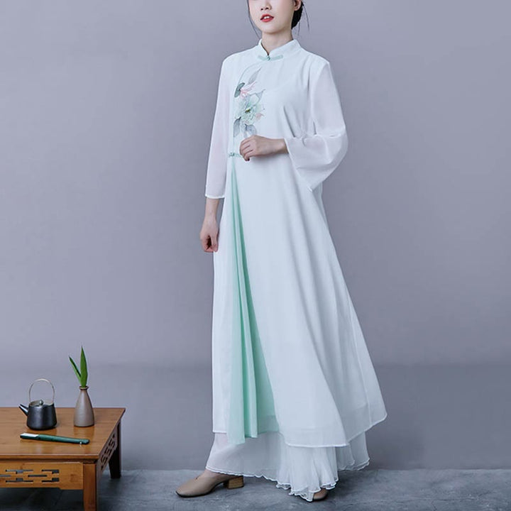 Buddha Stones 2 pezzi fiore manica tre quarti midi abito gonna chiffon Zen abbigliamento donna set