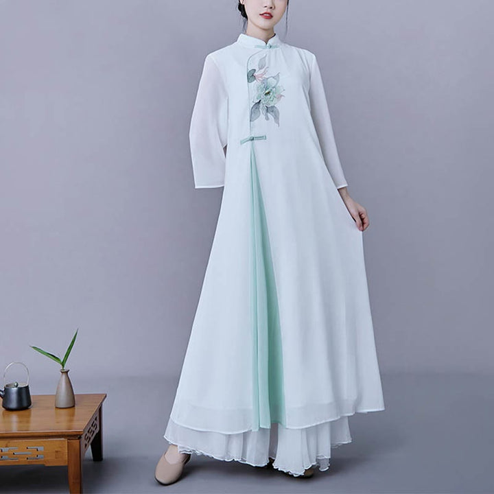 Buddha Stones 2 pezzi fiore manica tre quarti midi abito gonna chiffon Zen abbigliamento donna set