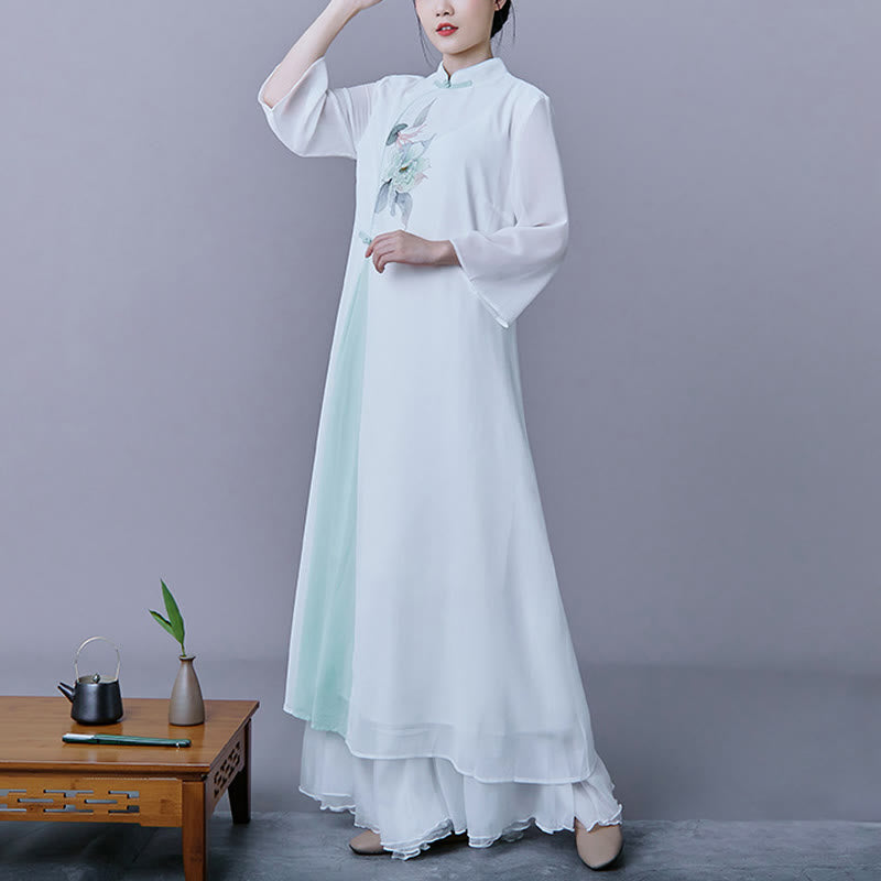 Buddha Stones 2 pezzi fiore manica tre quarti midi abito gonna chiffon Zen abbigliamento donna set