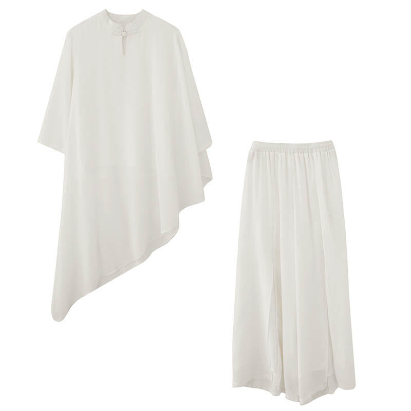 Buddha Stones 2 pezzi, camicia con maniche a tre quarti e design irregolare, pantaloni a gamba larga, set da meditazione in chiffon da donna