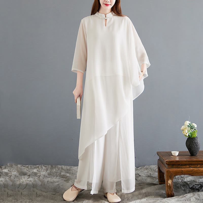 Buddha Stones 2 pezzi, camicia con maniche a tre quarti e design irregolare, pantaloni a gamba larga, set da meditazione in chiffon da donna