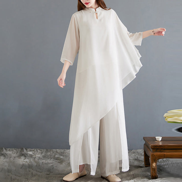 Buddha Stones 2 pezzi, camicia con maniche a tre quarti e design irregolare, pantaloni a gamba larga, set da meditazione in chiffon da donna