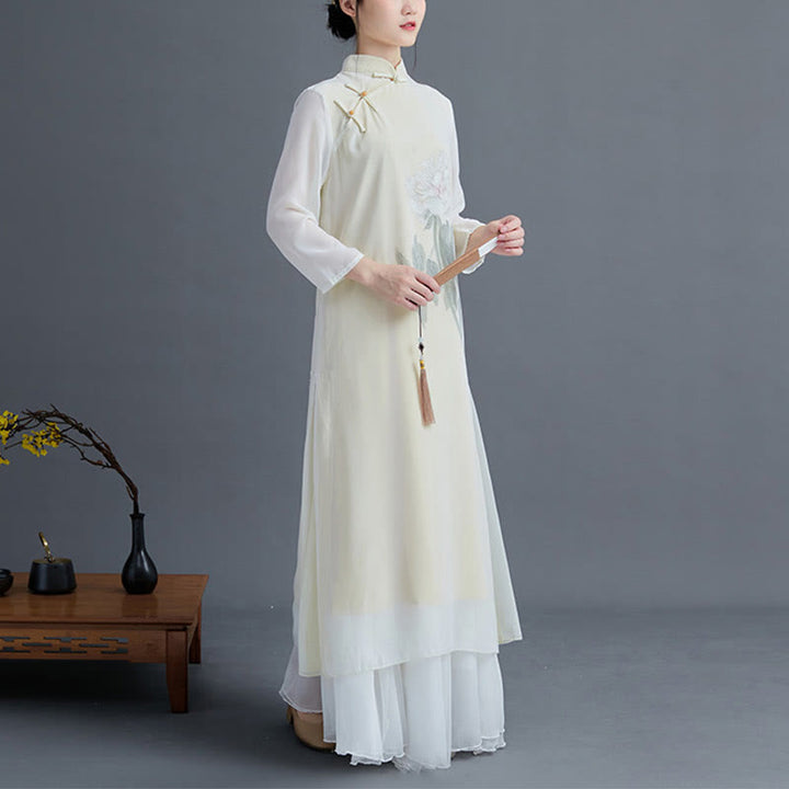 Buddha Stones 2 pezzi Peonia Fiore Cheongsam Midi Abito Gonna Chiffon Zen Abbigliamento Donna Set