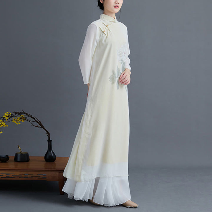 Buddha Stones 2 pezzi Peonia Fiore Cheongsam Midi Abito Gonna Chiffon Zen Abbigliamento Donna Set